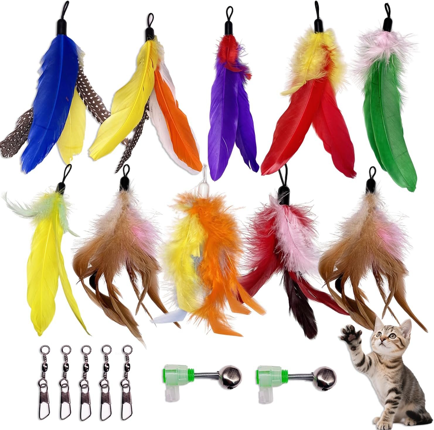 10 Pieces Cat Feather Toy Refills,Cat Wand Replacement Feathers Toys with Clip & Removable Bell,Wand Attachment Feather Toys for Indoor Cats (10 Pcs Feathers)