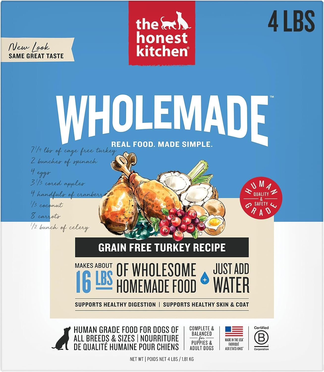 The Honest Kitchen Human Grade Wholemade™ Dehydrated Dog Food, Grain Free Dog Food, Turkey, 4 lb (makes 16lbs)