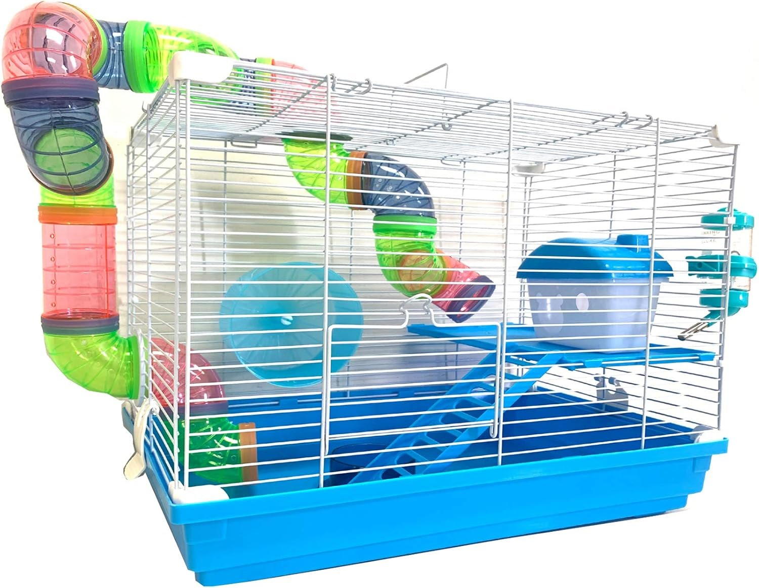 2 Levels Habitat Hamster Home Rodent Gerbil Mouse Mice Rat Wire Cage with Complete Set of Accessories (18″ L x 12″ W x 15″ H, Blue)