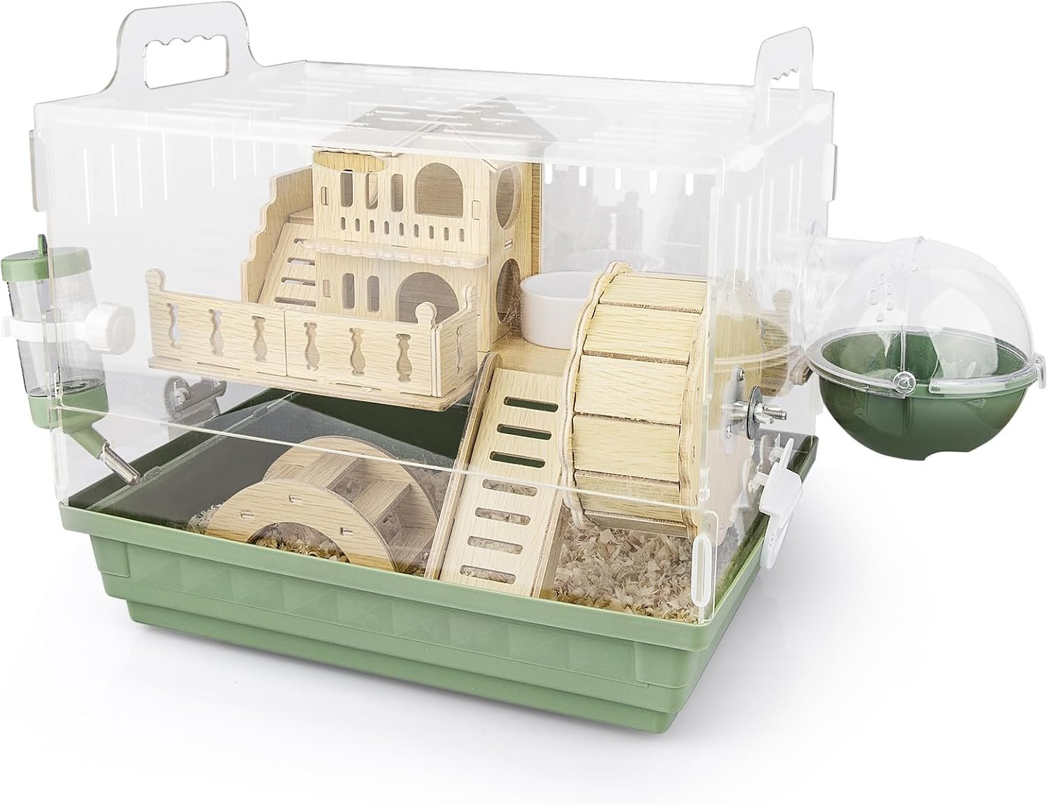 Cycodo 8 in 1 Acrylic Hamster Cage,2-Tier Dwarf Hamster Cage with Wooden Wheel & Hideout,Small Hamster Habitat with Accessories,Clear Pet Mice House(Green,14″ L*10″ W*11″ H)
