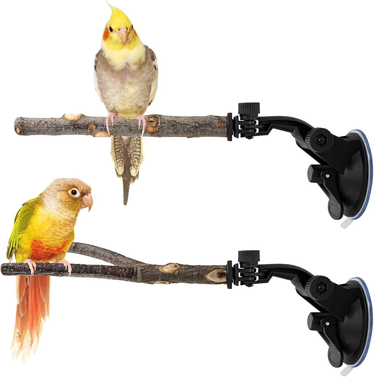 2 Pcs Parrot Perch Stand, Strong Suction Cup Bird Perch, Movable Perch Stand Bird Training Set, for Window Mirror Car Shower Ceramic Tiles Bath Wood Training Perch, for Bird, Cockatoo, Macaw, Parakeet