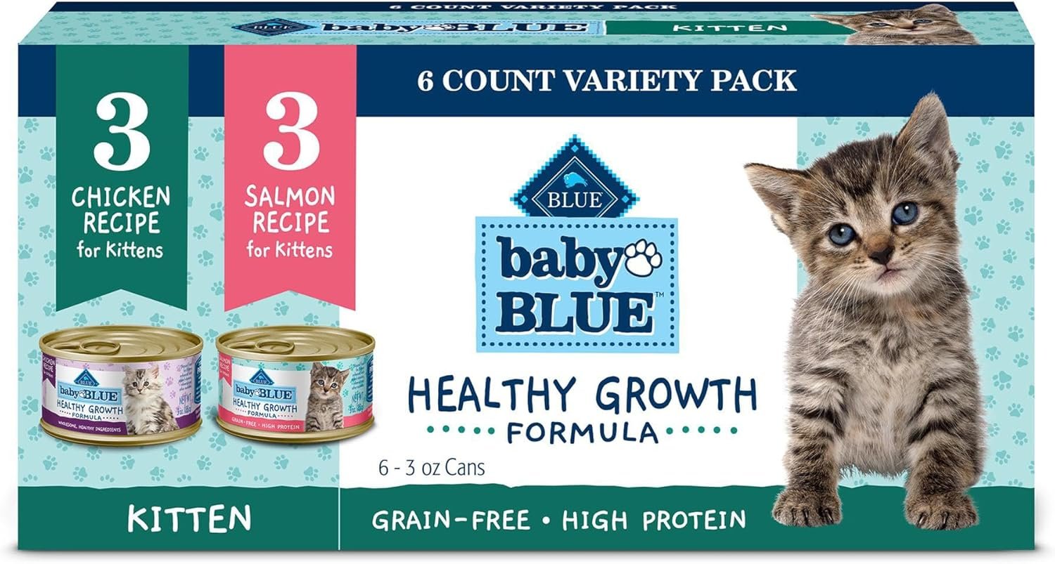 Blue Buffalo Baby Blue Natural Kitten Wet Cat Food Paté Variety Pack, Healthy Growth Formula with DHA, High-Protein & Grain-Free, Chicken and Salmon Recipes, 3-oz Cans (6 Count, 3 of Each)