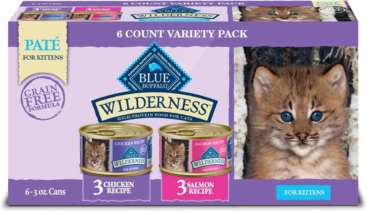 Blue Buffalo Wilderness Kitten Food, High-Protein & Grain-Free Wet Cat Food Paté Variety Pack, Chicken & Salmon Recipes, 3-oz Cans (6 Count, 3 of Each)