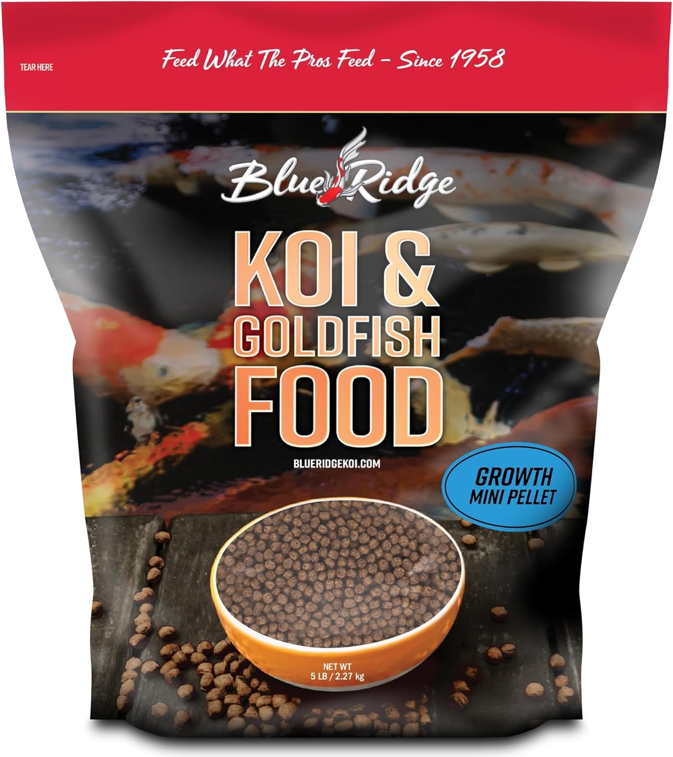 Blue Ridge Koi Fish Food 5lb – Koi Food Mini Growth Formula, Goldfish Food, Premium Fish Food for Ponds, Ponds Fish Food, Floating Pond Pellets