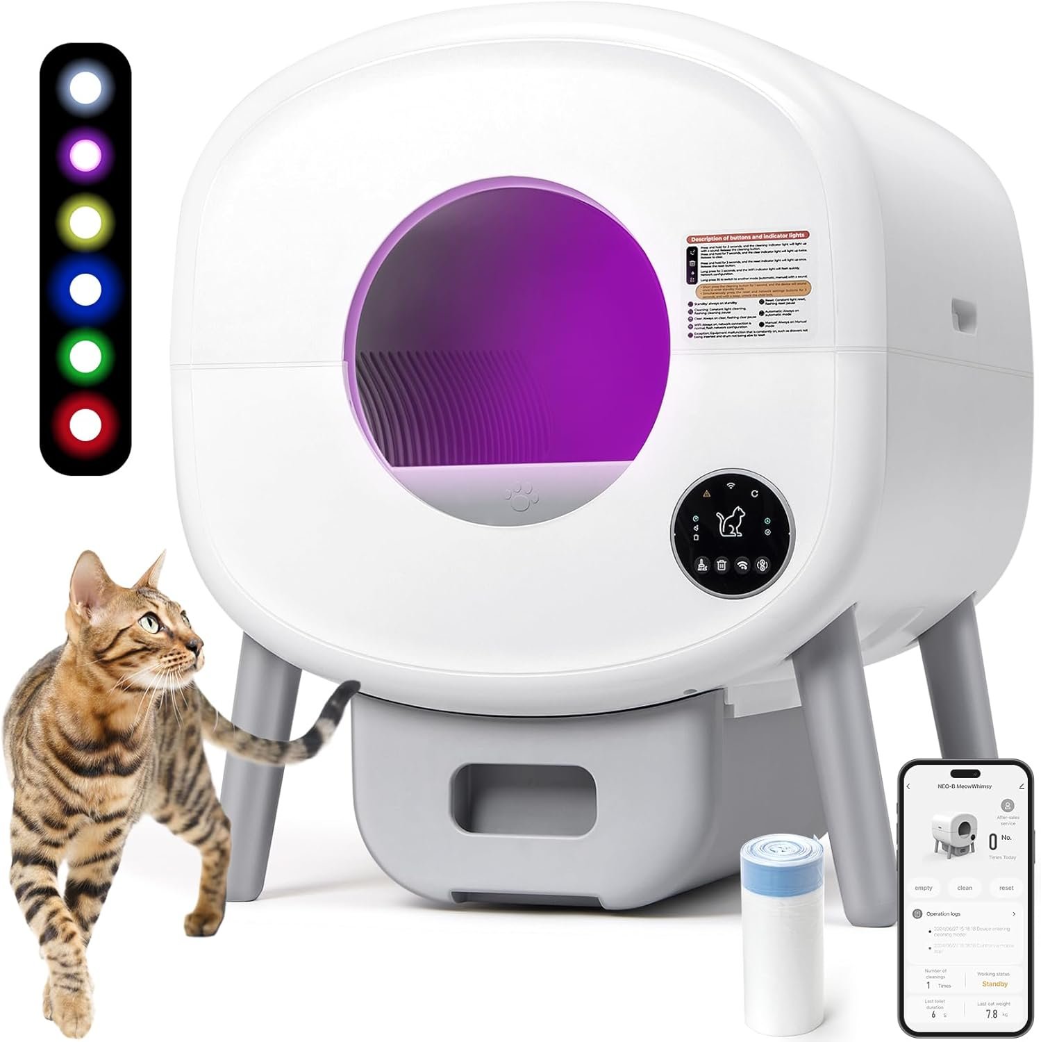 Self Cleaning Cat Litter Box: Extra Large Automatic Litter Box for Multiple Cats, Odor-Free, App-Controlled, Ambient Light Waste Disposal