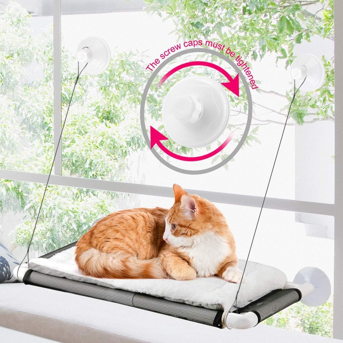 Cat Window Perch, Cat Hammock Window Seat w/Free Fleece Blanket 2026 Latest Screw Suction Cups Extra Large Sturdy Bed Resting Seat Hold Two Large Cats White Indoors (One Extra Suction Cup