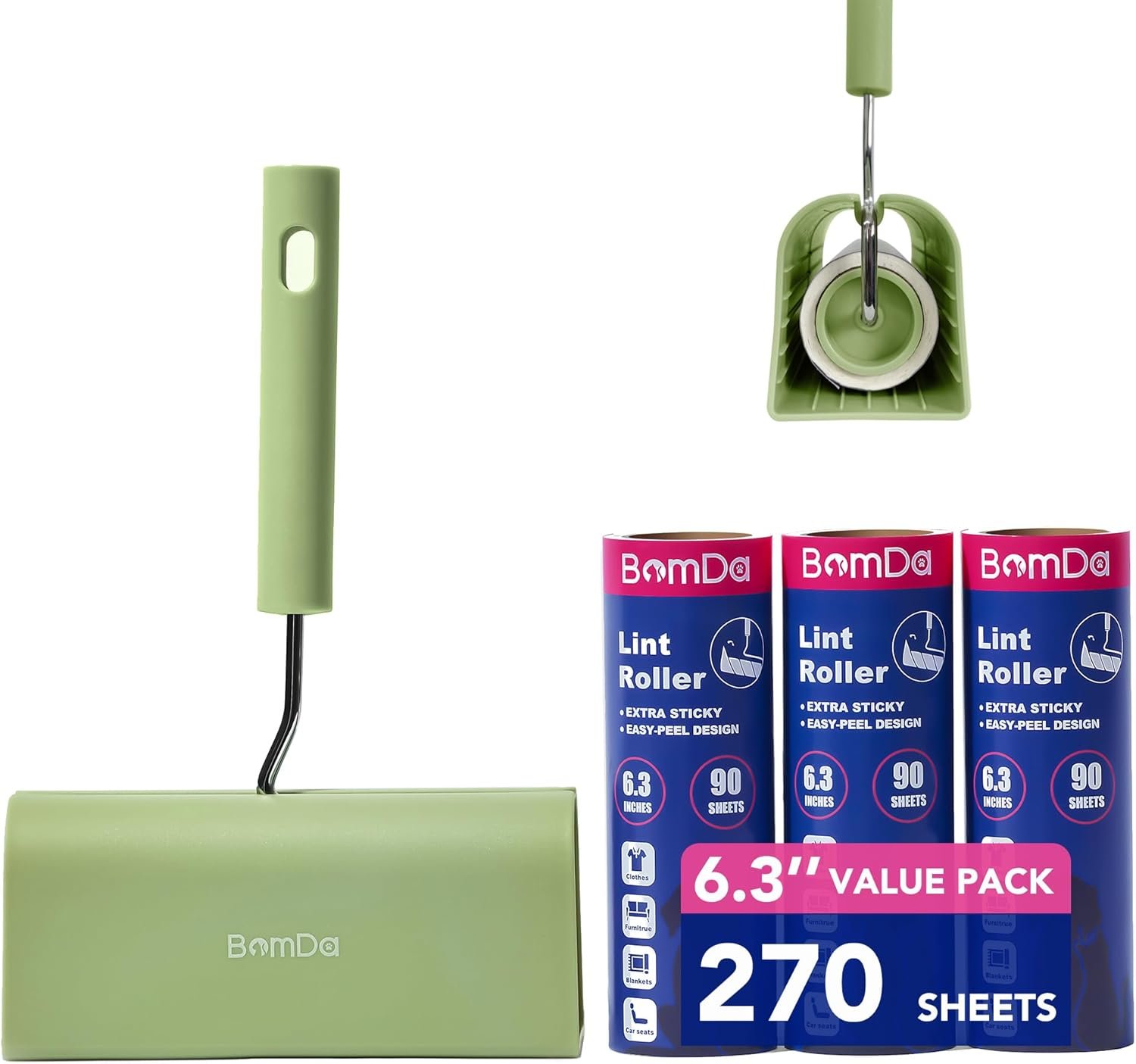 Extra Sticky Large Surface Lint Roller, 6.3” Giant Lint Roller for Pet Hair, 270 Sheets/ 3 Refills, Long Handle Lint Remover for Clothes, Furniture, Dog & Cat Hair Remover