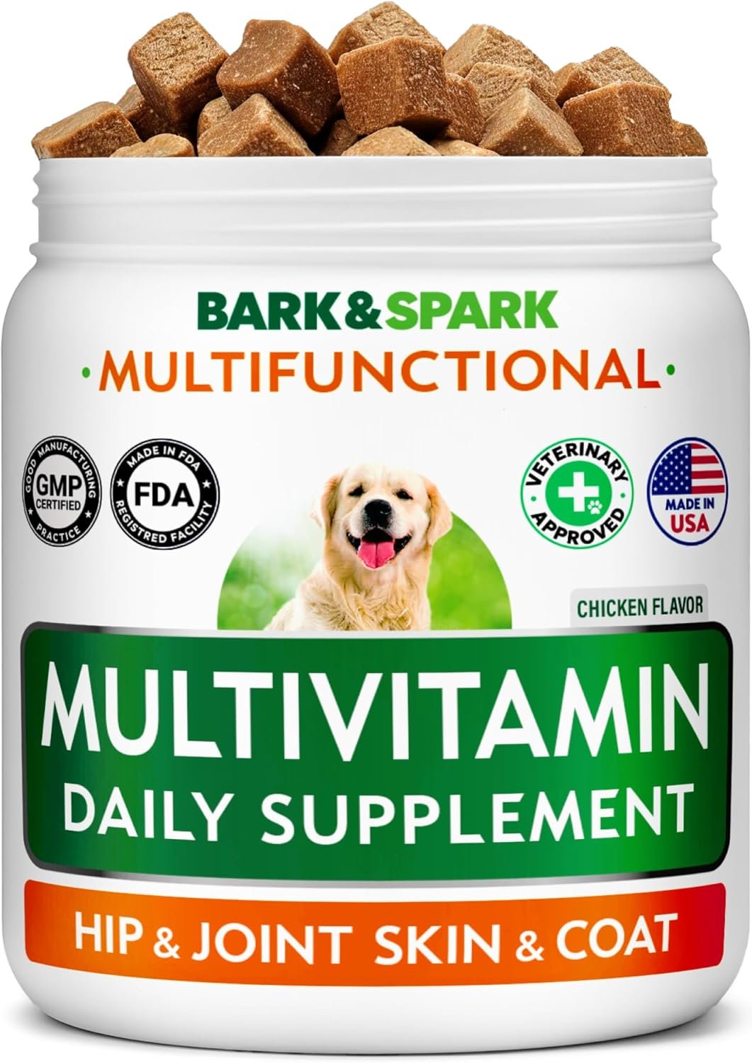BARK&SPARK Dog Multivitamin Chews Glucosamine Chondroitin with Omega 3, Digestive Enzymes & Probiotics | Vitamins and Supplements for Dogs Pet Skin & Coat & Joint & Gut Health Support – 120ct