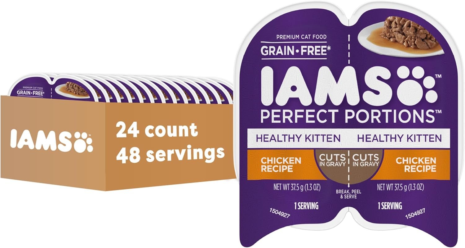 IAMS Perfect Portions Healthy Kitten Grain Free Wet Cat Food, Cat Food Wet Cuts in Gravy Chicken Recipe, (24) 2.6 oz. Twin-Pack Trays