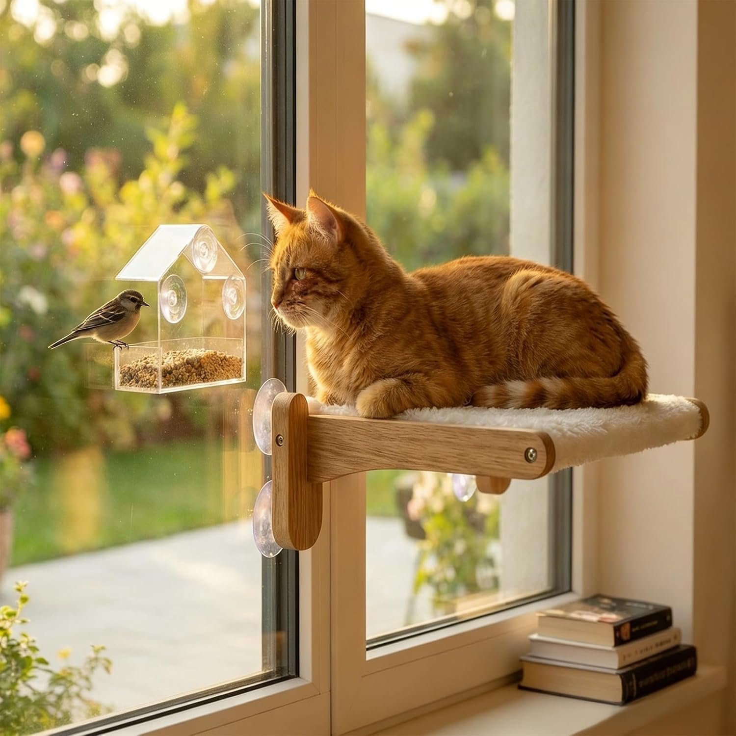 2-in-1 Cat Window Perch & Bird Feeder, Foldable Window Cat Bed with 4 Suction Cups, Plush Window Hammock for Cats Inside – Pet Window Seat & Unique Gift for Cats Lovers