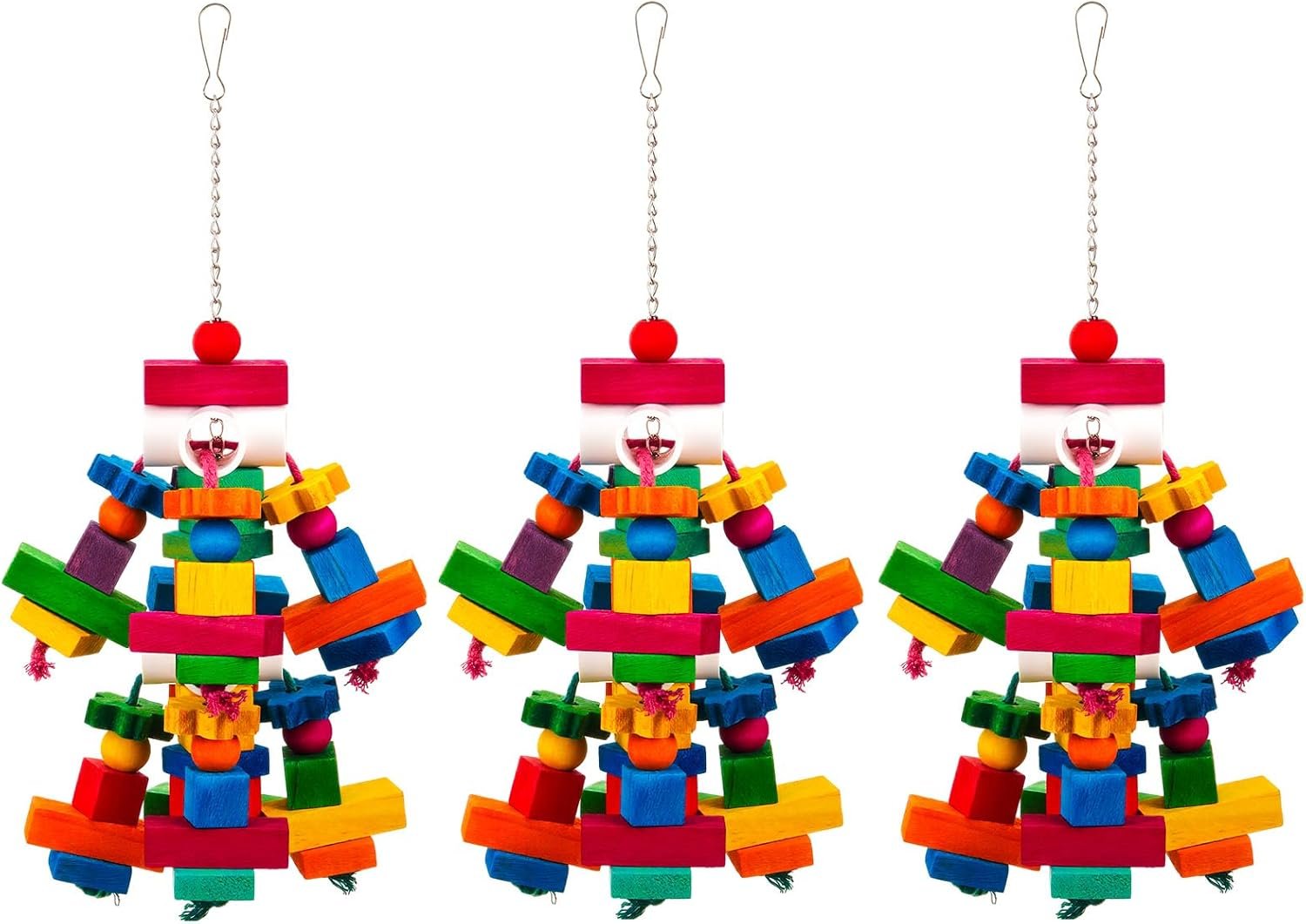 3 Pcs Large Parrot Toys 17.8″ Colorful Chewing Toy with Natural Wood Blocks for African Greys, Cockatoos, Parrots, Macaws, Medium Birds Cage Toy Accessories