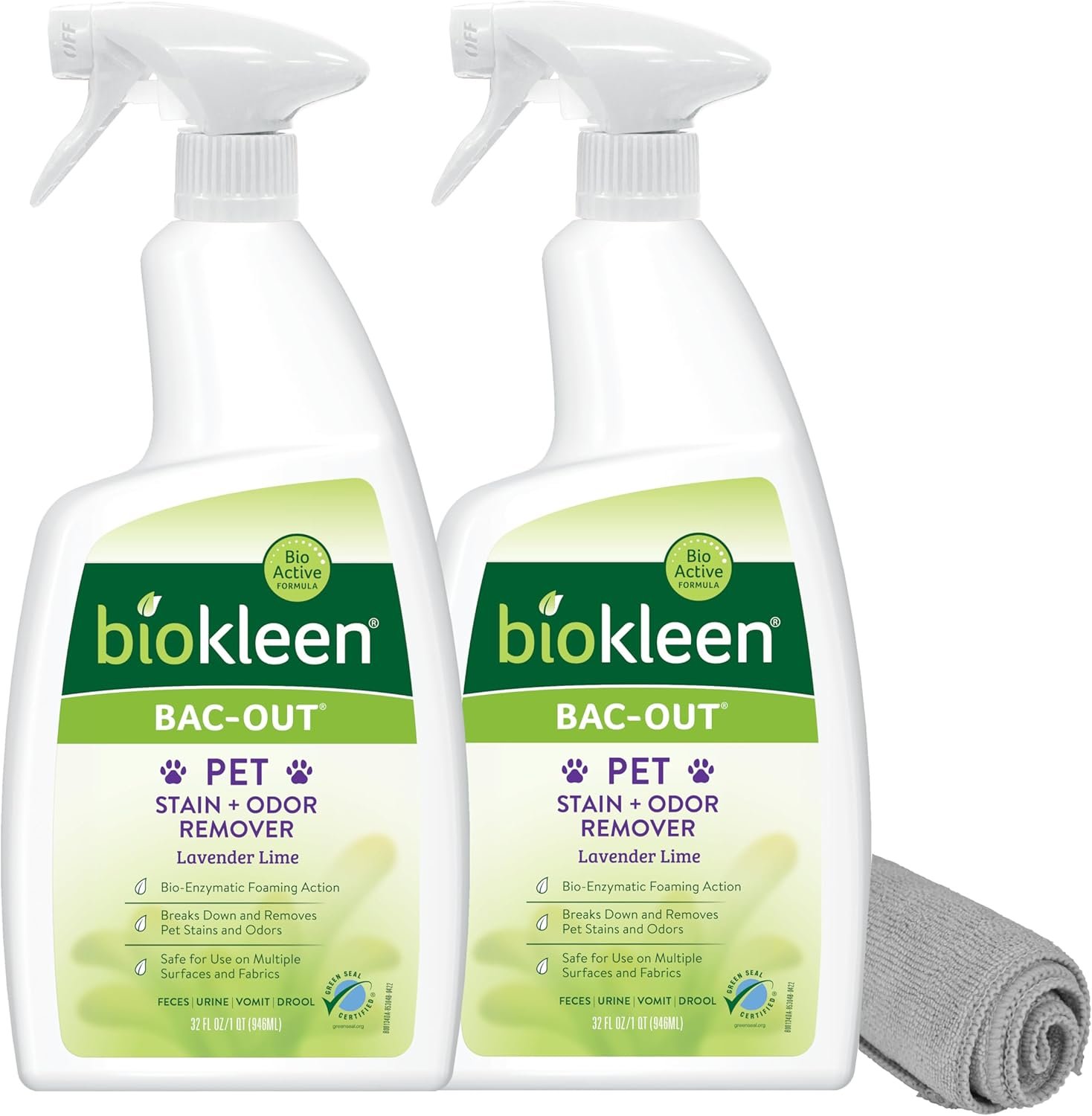 Biokleen Bac-Out Pet Urine Odor Eliminator – 32 Ounce Spray 2 Pack – Enzymatic, Natural, Destroys Stains & Odors Safely, for Pet Stains on Carpets & Furniture – Micro Towel Included