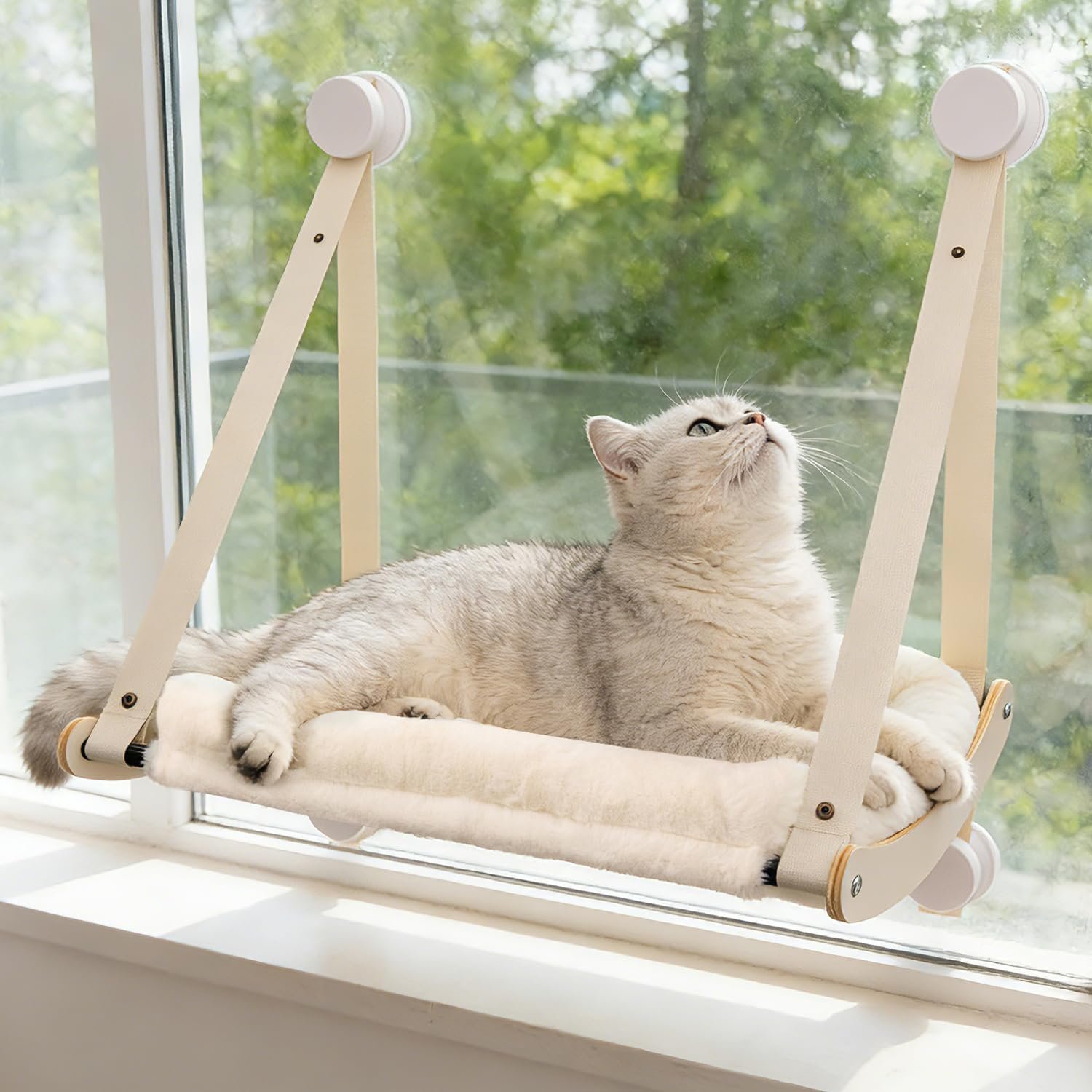 Kilodor Cat Window Perch, Cat Hammock for Window with 4 Strong Suction Cups – Easy Assembly, Solid Wood Frame with Large Cats Bed – Supports Up to 40lbs for Indoor Cats Beige