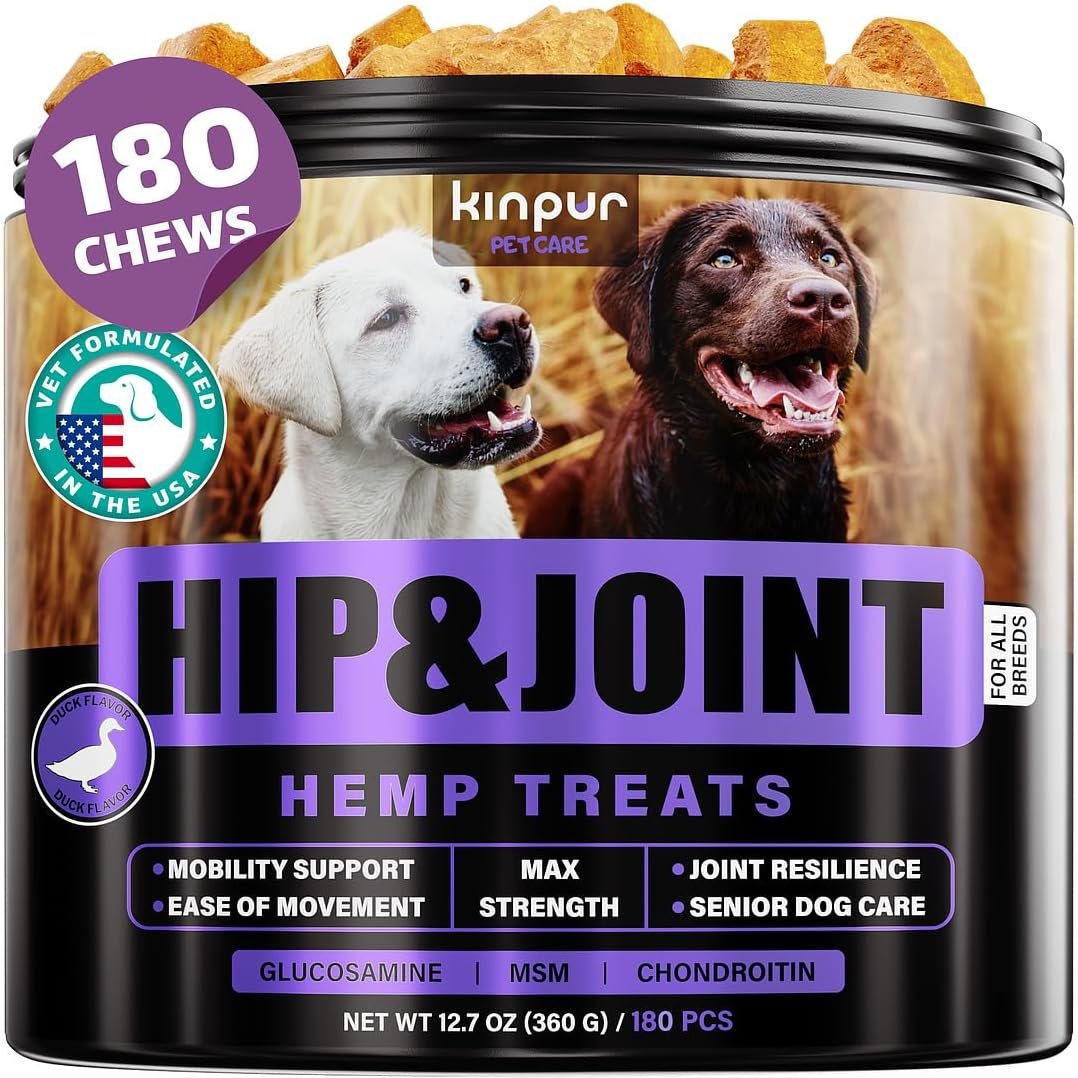Hemp Joint Supplement for Dogs – Dog Joint Supplement with Glucosamine, Chondroitin, MSM – Supports Hip and Joint Heath, Better Mobility, Skin and Coat – for All Breeds and Ages – 180 Dog Chews, Duck