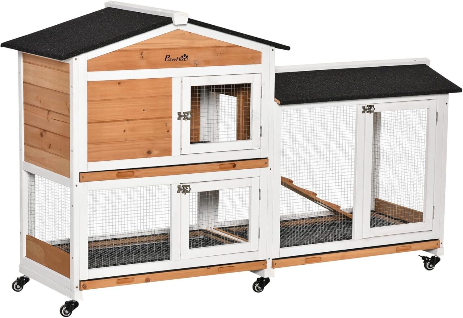 PawHut 62″ Rabbit Hutch, Wooden Bunny Hutch, Guinea Pig Cage, Small Animal Enclosure with Wheels, Run Area, Removable Tray, Asphalt Roof, Lockable Doors and Ramp, for Rabbits, Chickens, Ducks, Nature