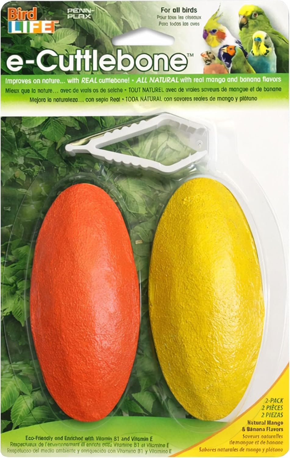 Penn-Plax Bird-Life E-Cuttlebone Flavored, 1 Pack (2 Counts) – Mango & Banana – Durable, Less Brittle Cuttlebones Enriched with Omega 3 & Vitamin B1 – Cage Clip – for All Bird Sizes – Mango & Banana