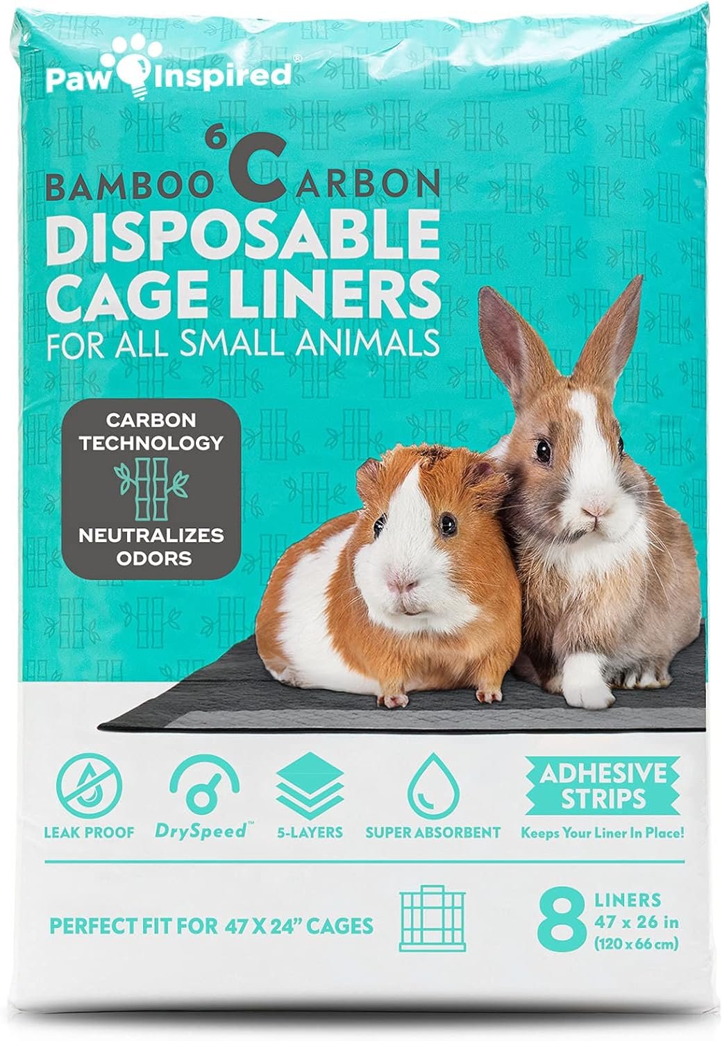 Paw Inspired Disposable Guinea Pig Cage Liners | Bamboo Charcoal Odor Controlling | Super Absorbent Liners Pee Pads for Ferrets, Rabbits, Hamsters, and Small Animals (47″ x 26″ (Midwest), 8 Count)