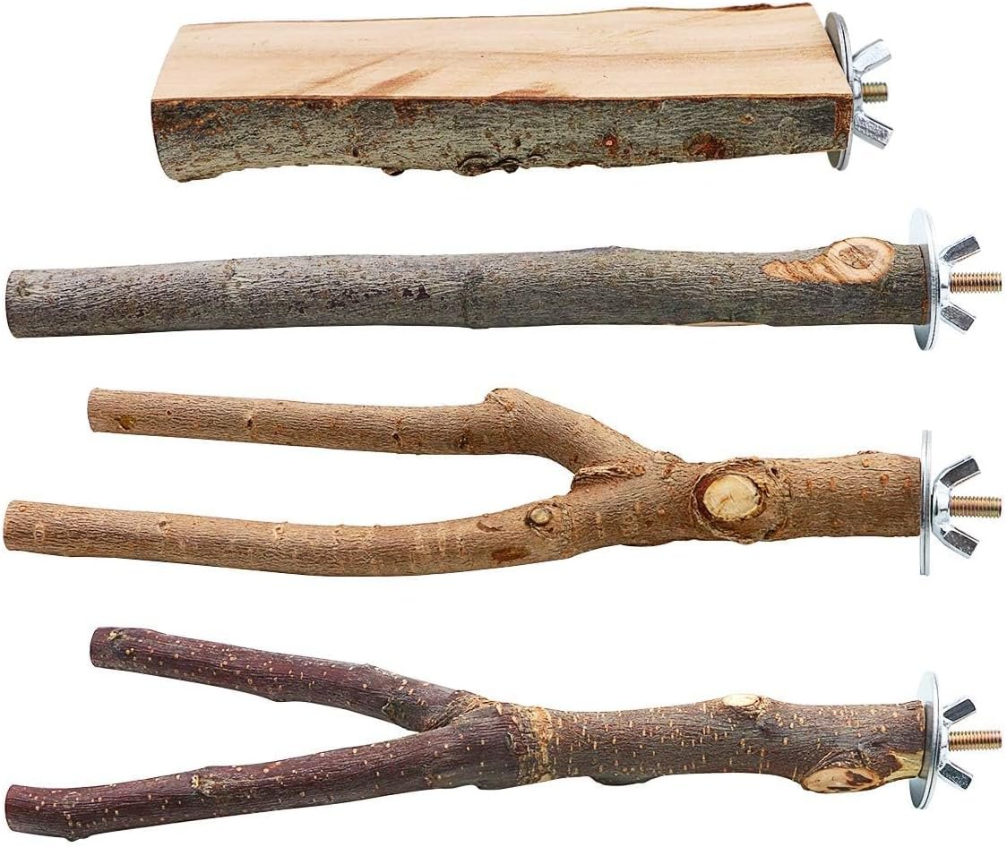 BILLIOTEAM 4 Pack Natural Wood Bird Perch Parrot Stand Branches Fork Toys,Pet Bird Cage Wooden Hanging Perch Platform Hammock Swing Toy for Small Parakeets,Budgies,Cockatiels,Conures,Finches