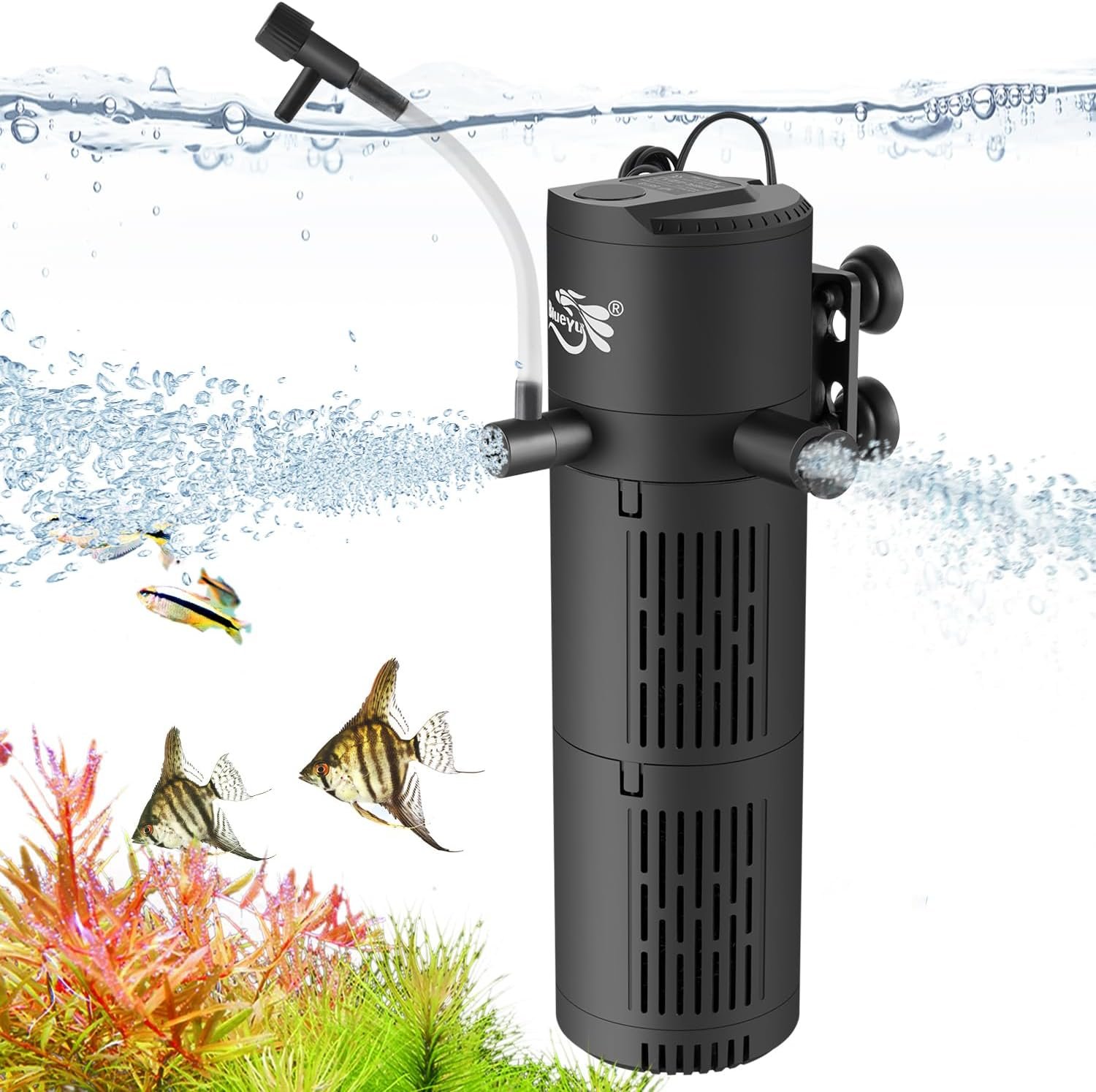 Aquarium Filter, Fish Tank Filter 4-in-1 for 30-80 Gallon Tanks, Submersible Internal Filter with Wave-Maker, Oxygenation & Adjustable Air Flow for Freshwater/Saltwater/Turtle Tanks (12W)