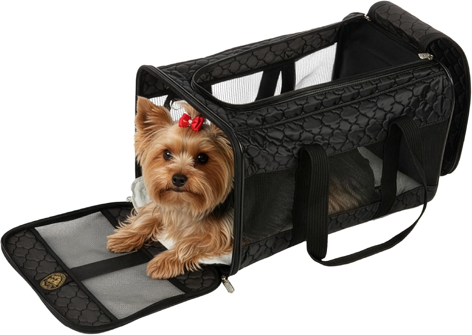 Sherpa Pet Carrier Airline Approved with Spring Wire Frame – Cat & Dog Carrier for In-Cabin Travel, Mesh Ventilation, Locking Zippers – Black Lattice, Large