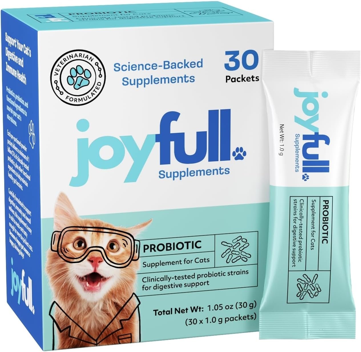 Joyfull Probiotic for Cats – Clinically Proven Strains for Diarrhea & Digestive Support – 30 Daily Packets with Beef Bone Broth