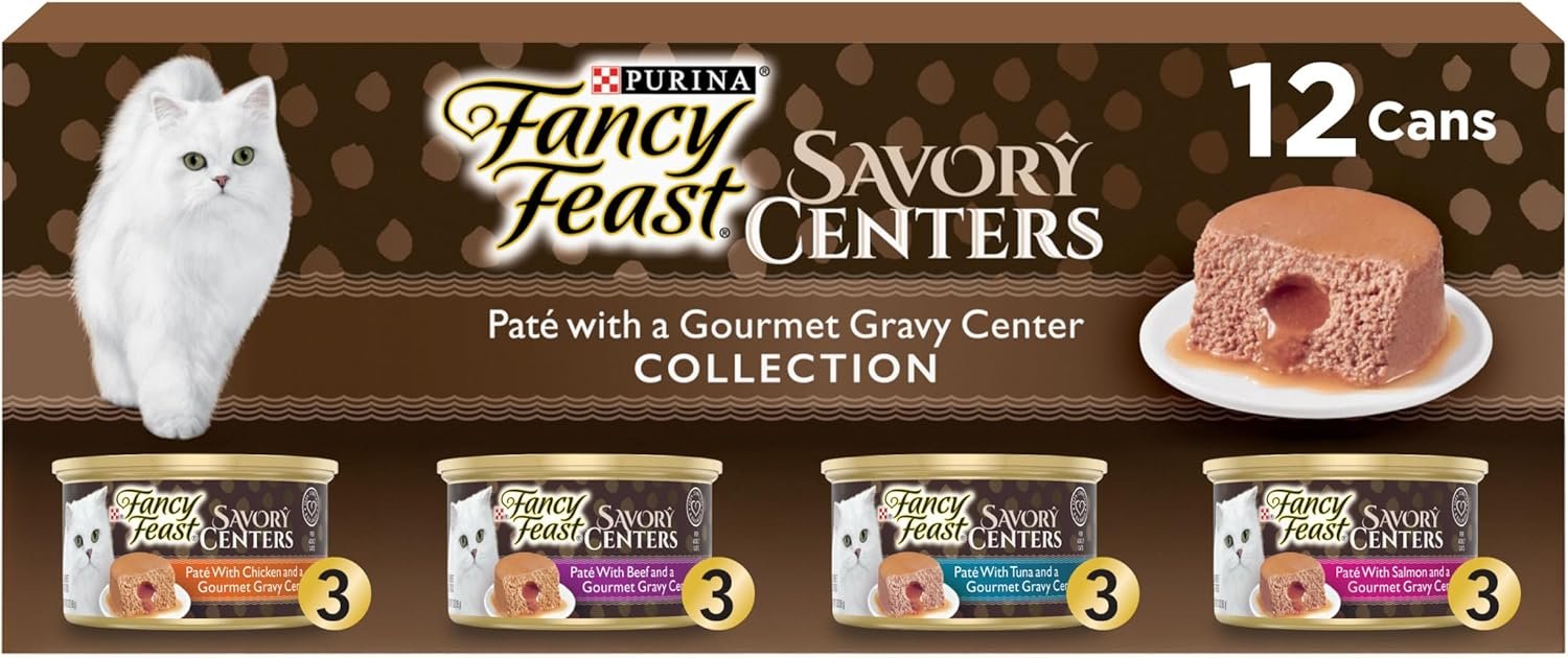 Purina Fancy Feast Savory Centers Wet Cat Food Pate Variety Pack With Chicken, Salmon, Beef, and Tuna Pate with Gravy Center – (2 Packs of 12) 3 oz. Pull-Top Cans