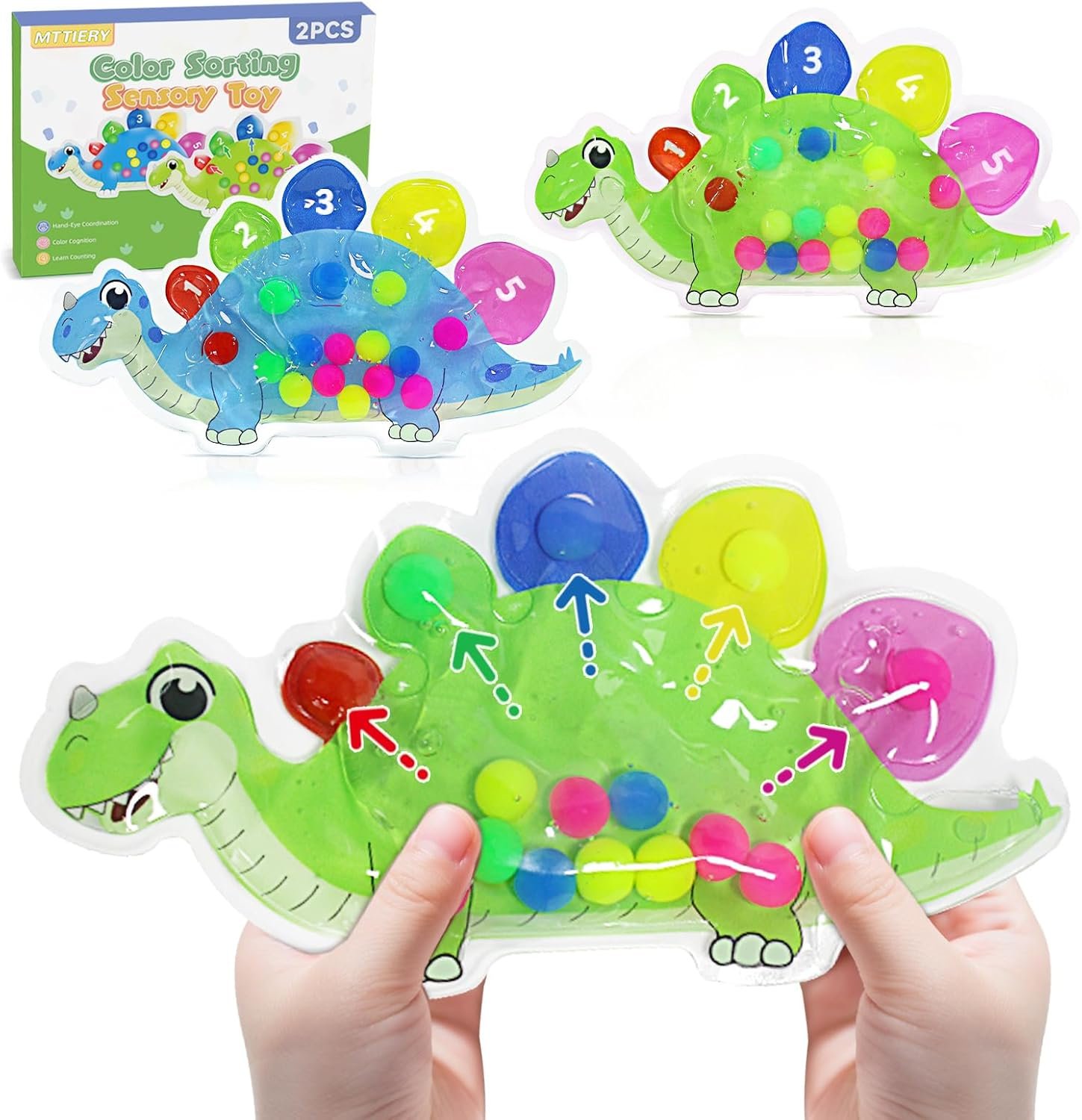 2pcs Dinosaur Color Sorting Sensory Toys, Fine Motor Skills for Toddler 3-5, Montessori Toy Preschool Learning Activities Travel Quiet Fidget Toys for Classroom, Gifts for Kids 3 4 5 Year Old