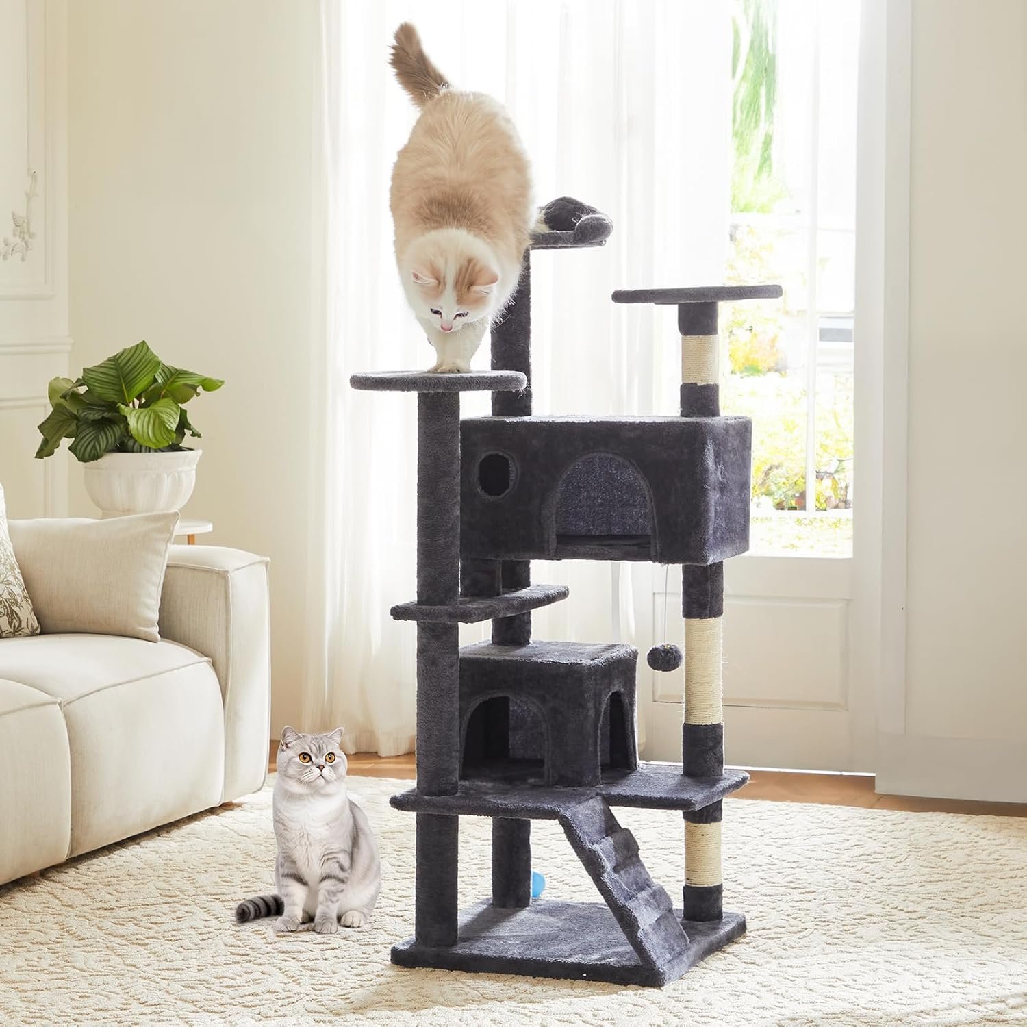 DUMOS 54-inch Indoor Cat Tree Tower –Multi-Level Pet House for Large Cats with 2 Condos, Scratching Posts, Round Platform, Small Ladder, and Toys – Perfect for Cats of All Ages, Dark Grey