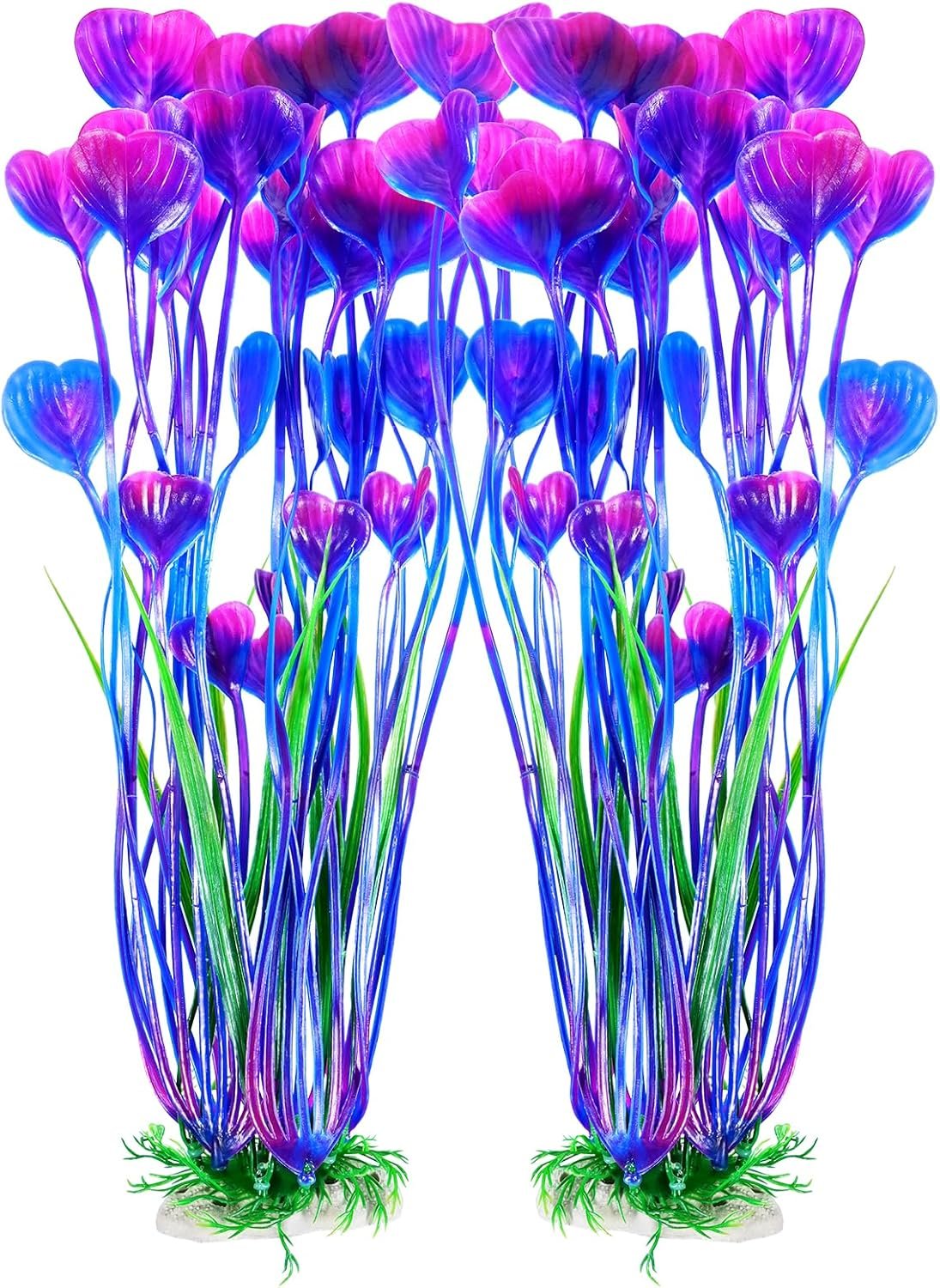 AQUANEAT Artificial Fish Tank Plants, Plastic Aquarium Accessories Large, 15.5 inch Purple Decorations, 2pcs