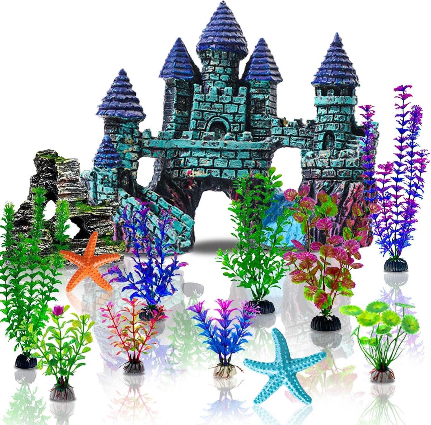13 Pieces Aquarium Decorations Kit, Fish Tank Decorations Set Small Resin Castle and Rockery Betta Fish Cave Hideout Coral Artificial Plastic Plants Ornament Accessories