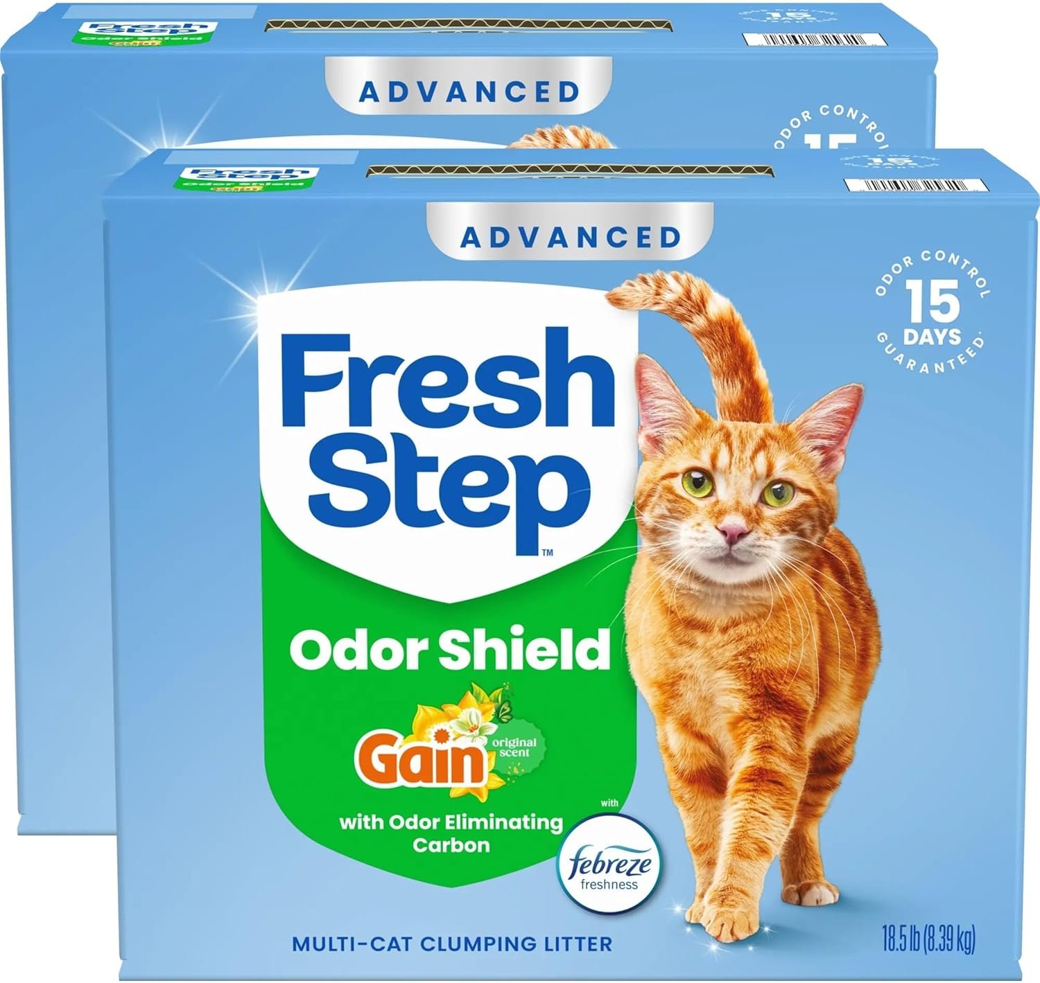 Fresh Step Advanced Odor Shield Multi Cat Clumping Litter with Febreze Freshness, Low Dust, Odor Control with Ammonia Block Tech, Compatible in Automatic Litter Boxes, 37 lb. (2 x 18.5 lb.)