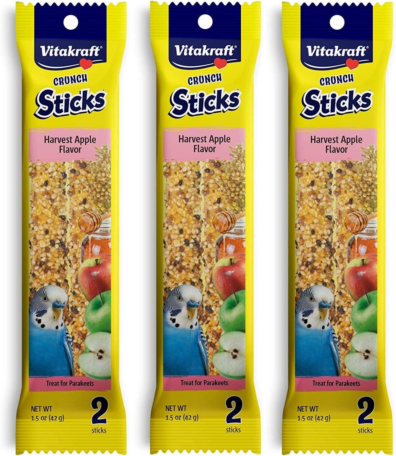 Vitakraft 3 Pack of Harvest Apple Crunch Sticks for Parakeets, 2 Sticks Each