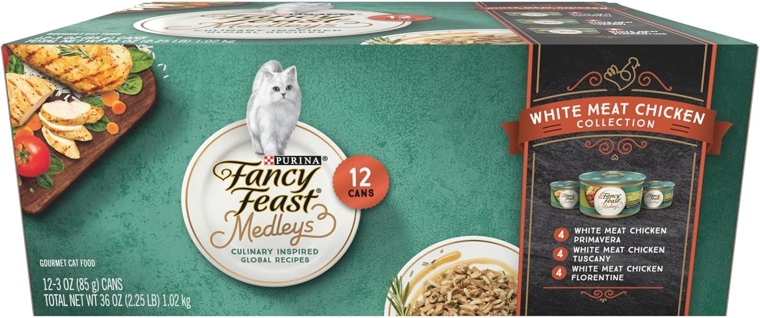 Purina Fancy Feast Wet Cat Food Variety Pack, Medleys White Meat Chicken in Sauce Collection – (Pack of 12) 3 oz. Cans