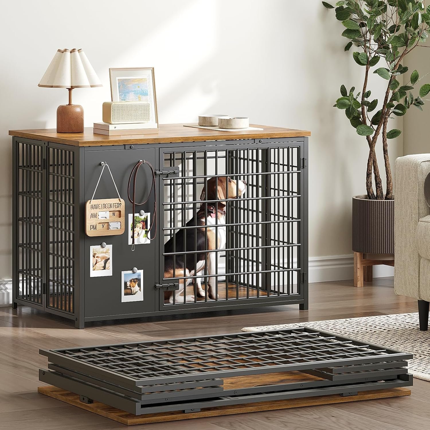 Foldable Dog Crate Furniture, Dog Crate with DIY Frame, Heavy Duty Dog Kennel Indoor with Hooks, Wooden Dog Cage End Table, for Small/Medium Dogs, Rustic Brown and Black DC95BR