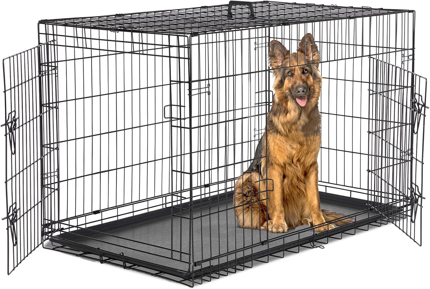 Dog Crate – 42 Inch Large Double Door Portable Dog Cage, Metal Wire Pet Kennel with Secure Lock, Leak-Proof Pan Tray, Foldable Design for Dogs Pets Indoor Training and Outdoor Trave