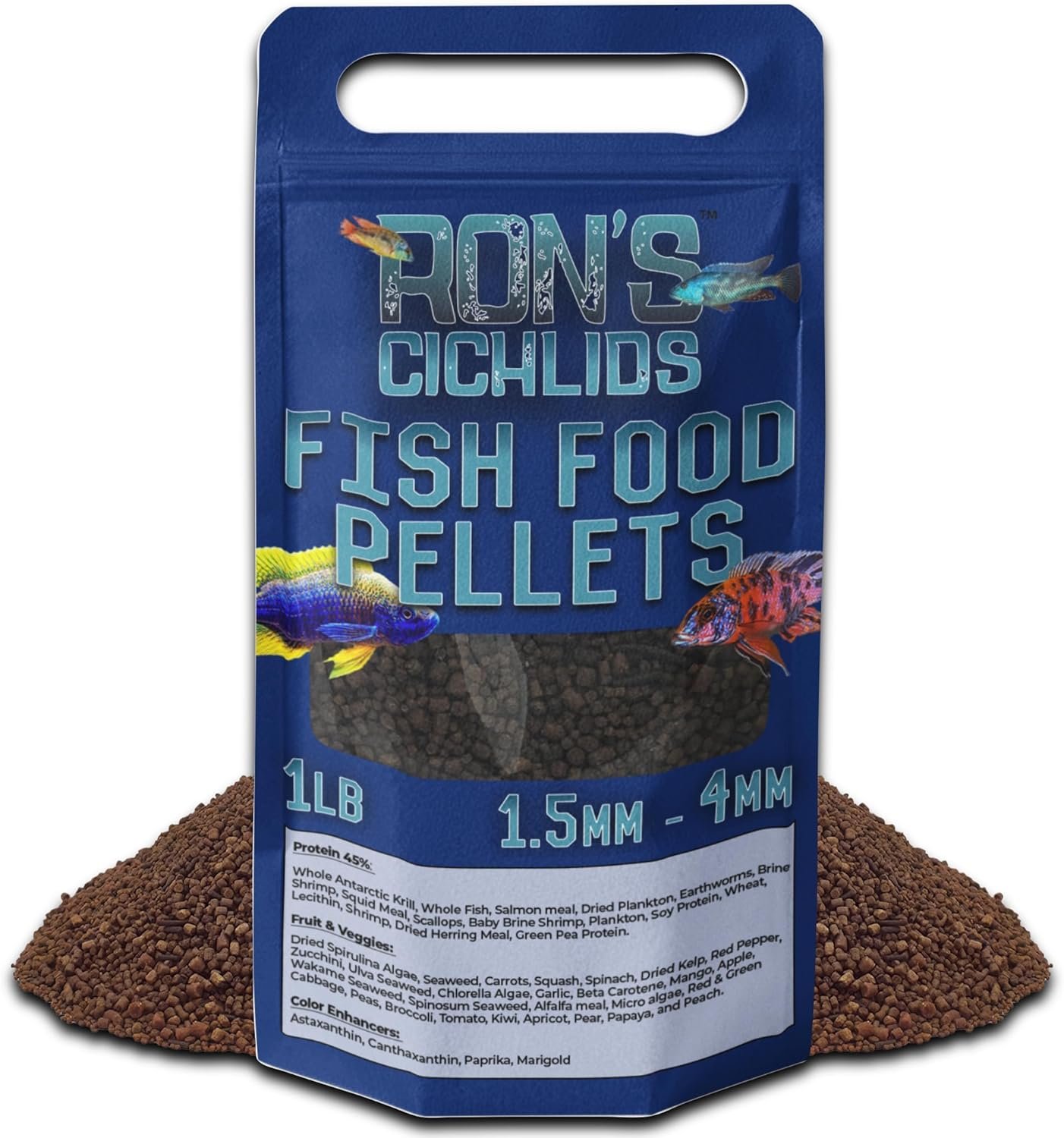 RON’S CICHLIDS Adult African Cichlid Fish Food Pellets – USA Made Slow Sinking Cichlid Pellets & Sticks Feed, Low Fillers, Ideal for Cichlid Food, Koi, Goldfish, Pleco, Oscar & Tropical Fish, 1 LB