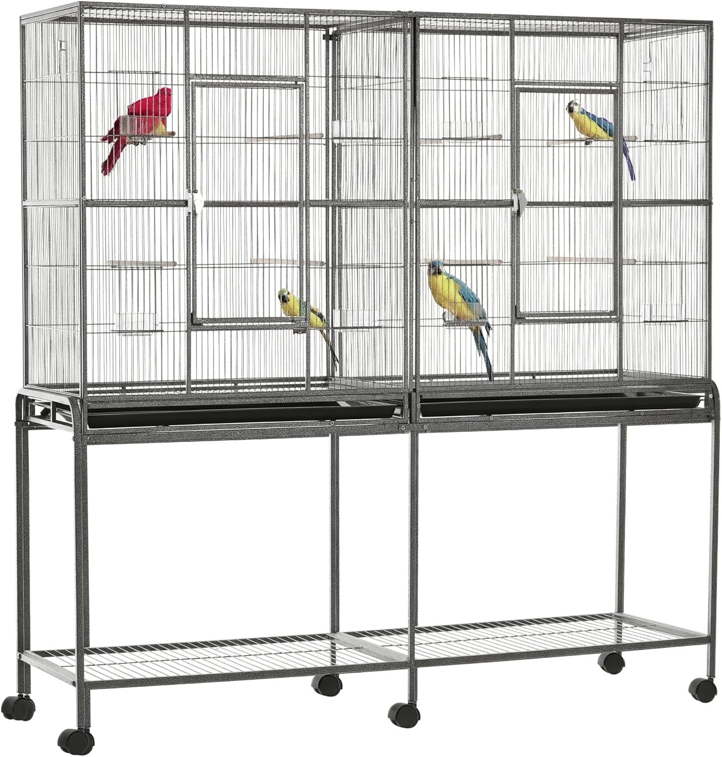 PawHut 65″ Double Rolling Metal Bird Cage with Divider, Large Parrot Cage for Parakeet, Canaries, Lovebirds, Budgie, Finch, with Detachable Rolling Stand, Storage Shelf, Wood Perch & Food Container