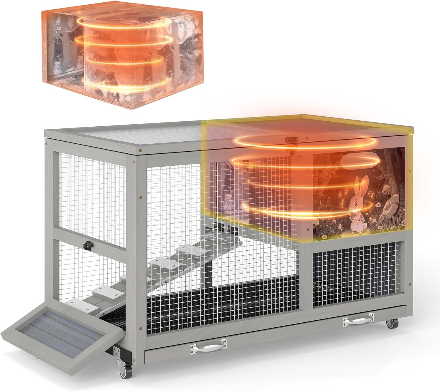 COZIWOW 36.5-Inch Double-Decker Wooden Insulated Rabbit Hutch with Wheels, Heated Rabbit Cage Featuring A Cleaning Tray and Ladder—Stylish&Easy to Assemble（Grey and Warm）