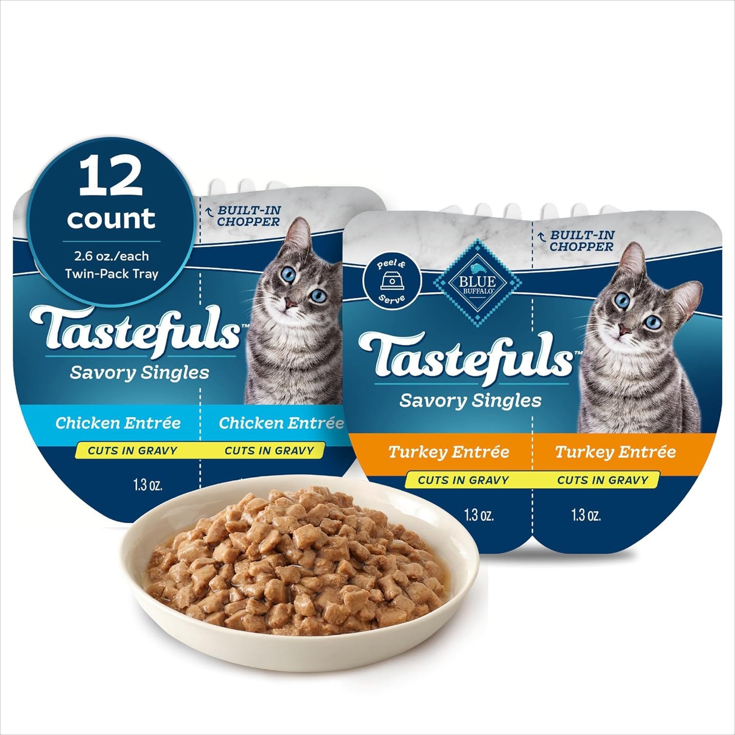 Blue Buffalo Tastefuls Savory Singles Variety Pack, Wet Cat Food in Gravy, 2.6-oz. Twin-Pack Trays, Chicken & Turkey Entreé (12 Count)