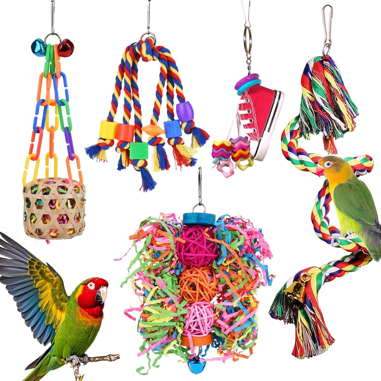 Bird Toys for Parakeet，ESRISE Parrot Conure Chewing Shredding Foraging Toys with Rope Perch, Bird Cage Accessories for Cockatiel Budgies Lovebird