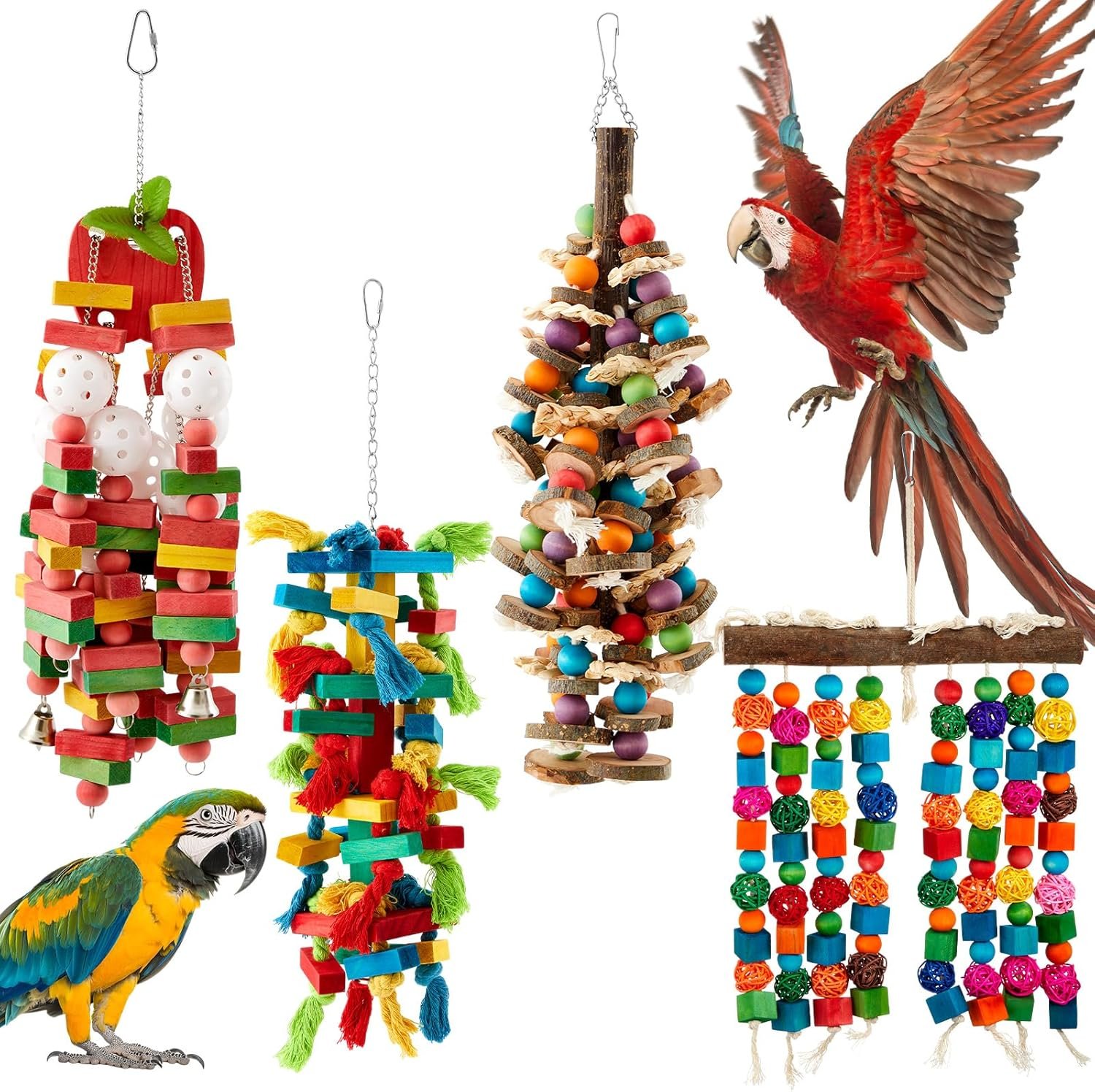 4 Pcs Extra Large Bird Parrot Toy Multicolored Natural Wooden Parrot Cage Chewing Toys for Large Medium Macaws Cockatoos African Grey Birds (Block and Ball)