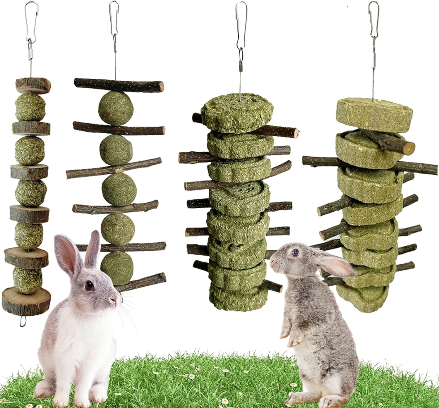 LWINGFLYER 4 Pack Bunny Chew Toys Apple Wood Chews Rabbit Cage Hanging Grass Cake Snack Treat for Teeth Grinding Improve Small Pet Guinea Pigs Chinchillas Hamsters Parrots Dental Health