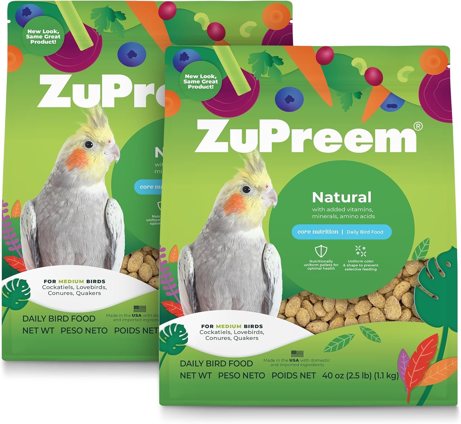 ZuPreem Natural Pellets Bird Food for Medium Birds, 2.5 lb (Pack of 2) – Daily Nutrition, Made in USA for Cockatiels, Quakers, Lovebirds, Small Conures