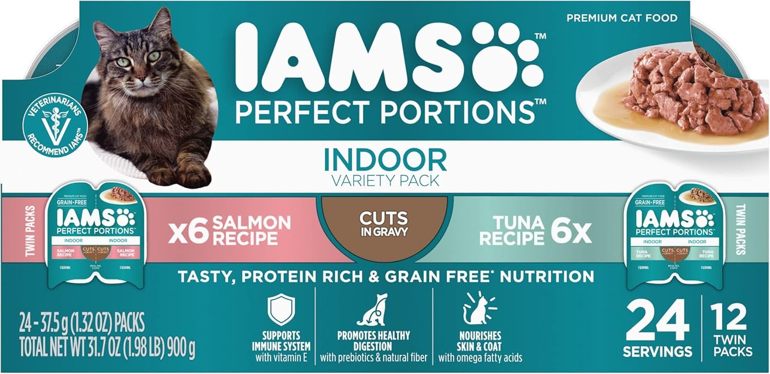 IAMS Perfect Portions Grain Free Wet Cat Food, Indoor Adult Cat Food Wet Cuts in Gravy, Variety Pack: Tuna & Salmon Recipe, 1.98 lb. (Pack of 1) Twin-Pack Trays