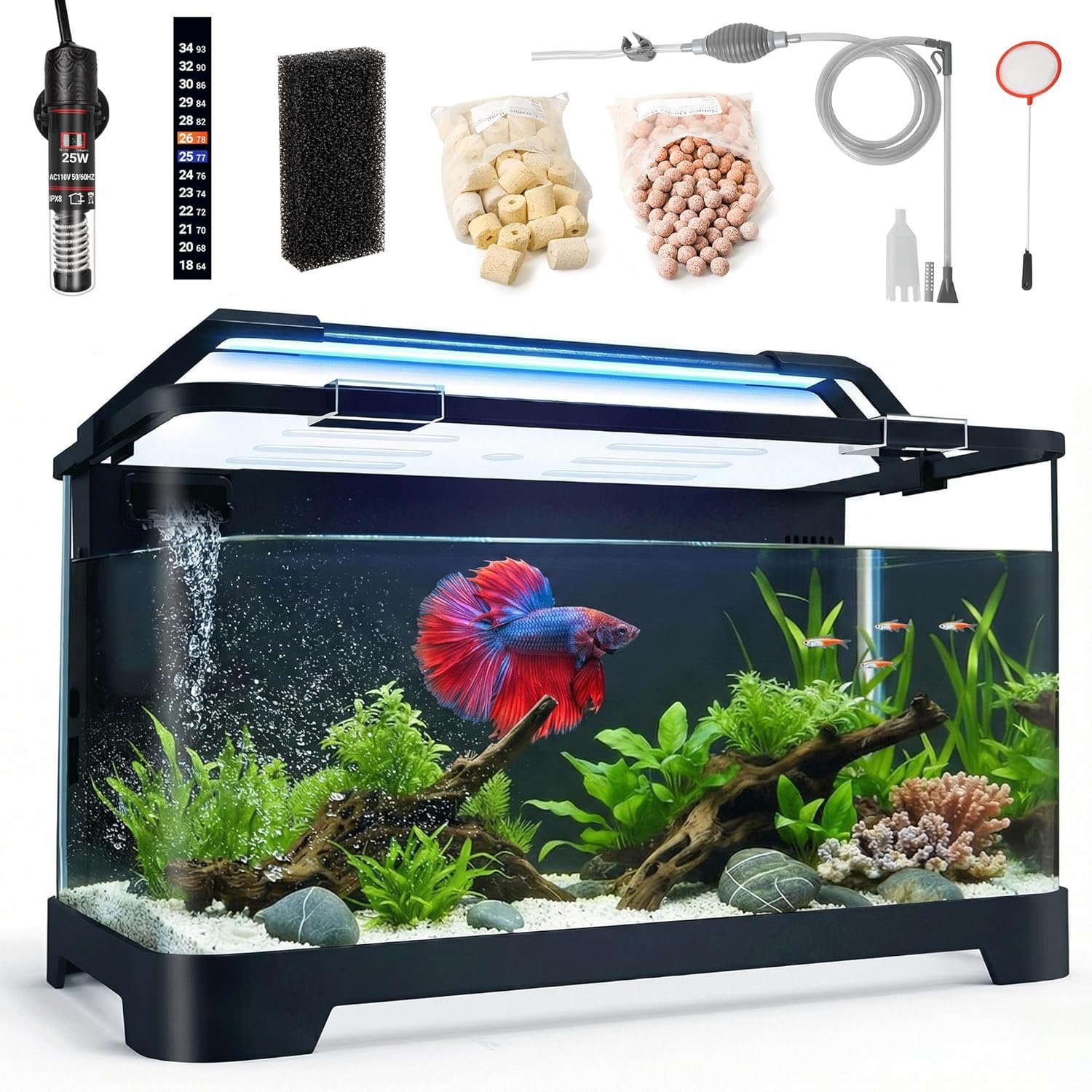 3.5 Gallon Self Cleaning Fish Tank, Aquarium Starter Kit for Betta, Small Fish & Shrimp, Betta Fish Tank with Heater, Thermometer Strip, LED Light, Hidden Filtration System and Water Changer Kit