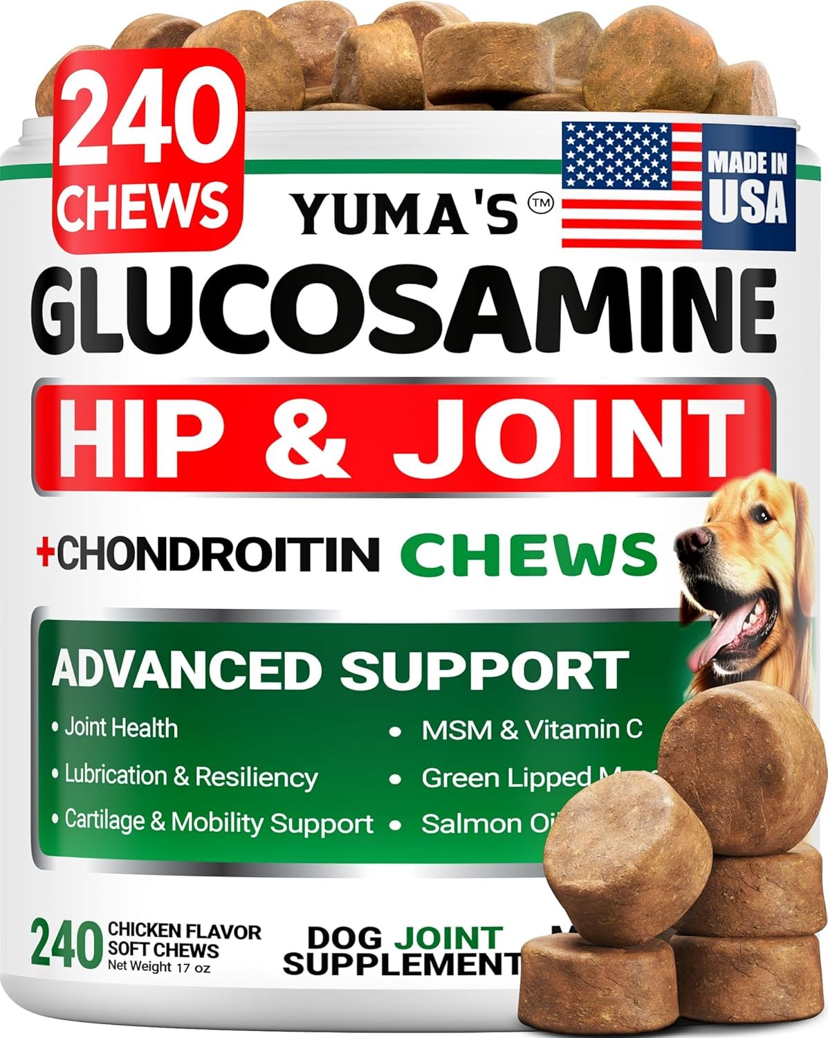 Glucosamine for Dogs – 240 Chews – Hip and Joint Supplement for Dogs – Advanced Glucosamine Chondroitin Treats with MSM – Joint Pain Relief – Large & Small Breed – Mobility Support – Made in USA