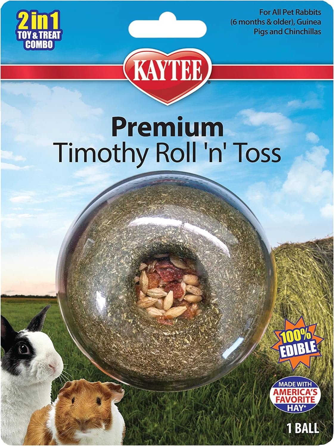 Kaytee Timothy Roll ‘n’ Toss Toy and Treat for Pet Rabbits, Guinea Pigs, and Chinchillas