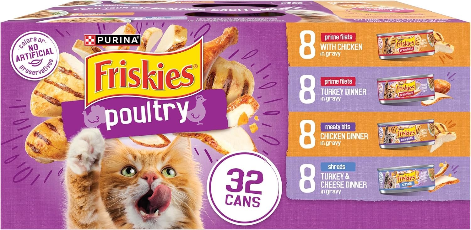 Purina Friskies Gravy Wet Cat Food Variety Pack, Poultry Shreds, Meaty Bits and Prime Filets – (Pack of 32) 5.5 oz. Cans
