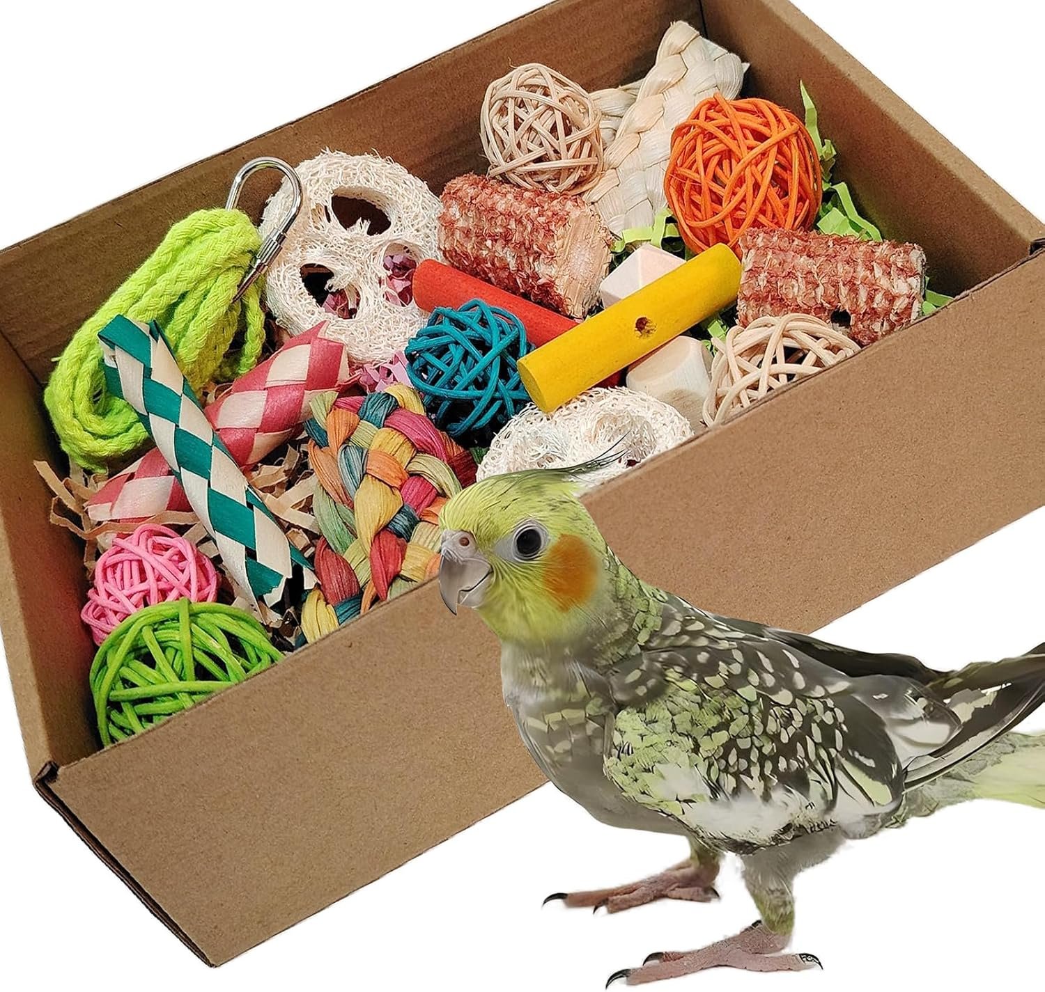 bird toys，Colorful Parrot Foraging and Tearing Toy Box – Suitable for chewing and foraging of long tailed parrots, Quaker parrots，cockatoos, Sun Conure， and other small and medium-sized parrots