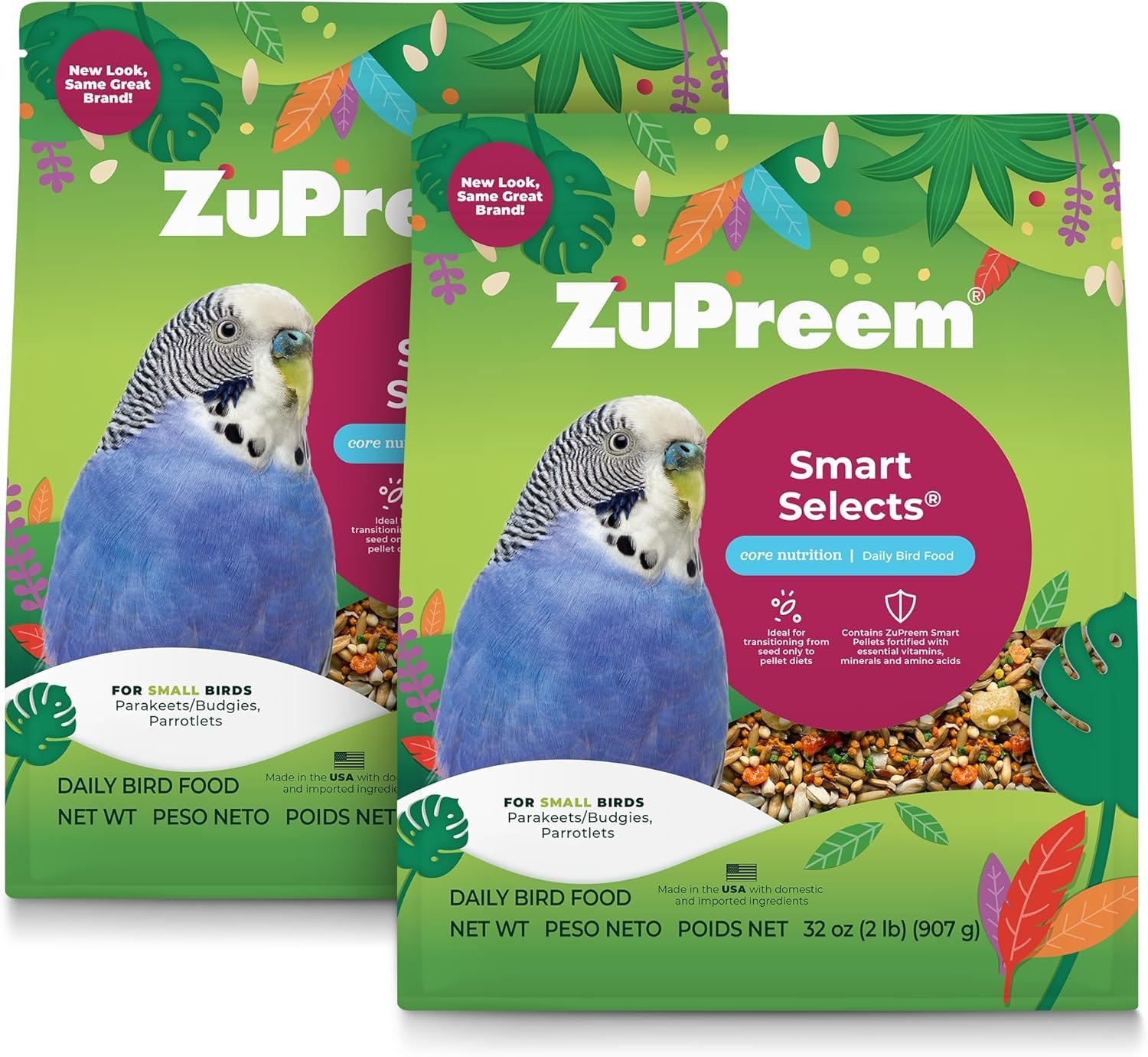 ZuPreem Smart Selects Daily Bird Food for Parakeet, Budgie, Parrotlet, Dove, Small Bird Pellets and Seed Blend, Core Nutrition, Made in USA, Budgie & Parakeet Food (2 lb, Pack of 2)